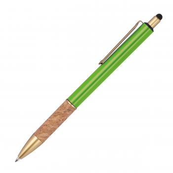 10 Touchpen Metall-Kugelschreiber mit Korkgriffzone / Farbe: hellgrün