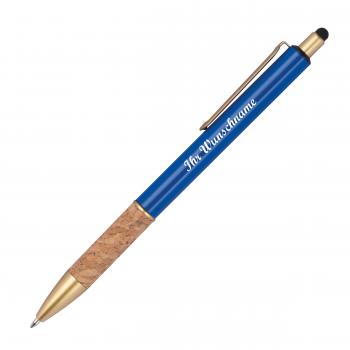 10 Touchpen Metall-Kugelschreiber mit Namensgravur - mit Korkgriffzone - blau