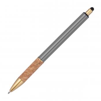 10 Touchpen Metall-Kugelschreiber mit Namensgravur - mit Korkgriffzone - grau