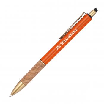 10 Touchpen Metall-Kugelschreiber mit Namensgravur - mit Korkgriffzone - orange