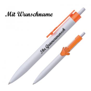 100x Druckkugelschreiber mit Namensgravur - "Hände" - Clipfarbe: orange
