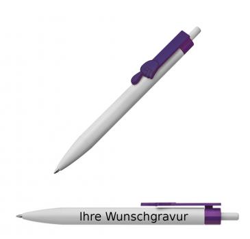 10x Druckkugelschreiber mit Gravur / "Fingerzeig" / Clipfarbe: lila