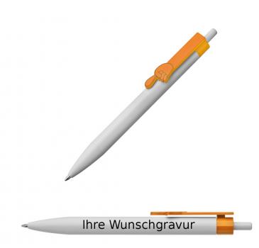10x Druckkugelschreiber mit Gravur / "Fingerzeig" / Clipfarbe: orange