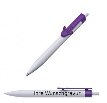 10x Druckkugelschreiber mit Gravur / "Hände" / Clipfarbe: lila