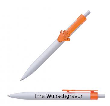10x Druckkugelschreiber mit Gravur / "Hände" / Clipfarbe: orange