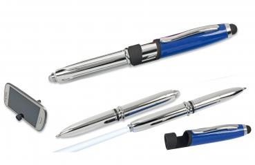 10x LED Touchpen Kugelschreiber mit Licht und Smartphone Halterung / silber-blau