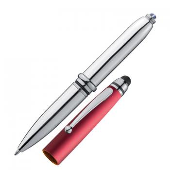 10x Touchpen Kugelschreiber / mit LED Licht und Touchscreenstift / silber-rot