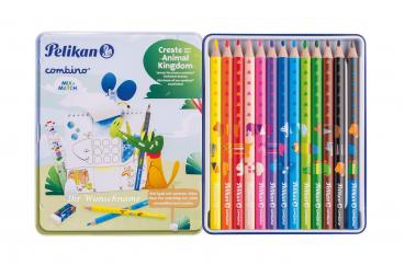 12 Pelikan Jumbo Buntstifte "Combino" + Lernbleistift / im Metalletui mit Gravur