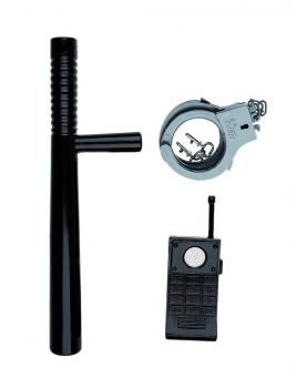 3tlg. Polizeiset / bestehend aus Schlagstock, Handschellen und Walkie Talkie