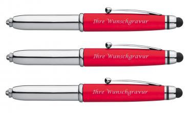 3x LED Touchpen Kugelschreiber mit Gravur / Farbe: silber-rot