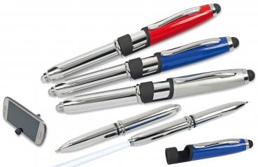 3x LED Touchpen Kugelschreiber mit Smartphone Halterung / je 1x silber,blau,rot