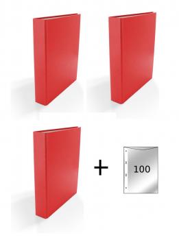 3x Ringbuch / DIN A5 / 4-Ring Ordner / Farbe: rot + 100 Prospekthüllen