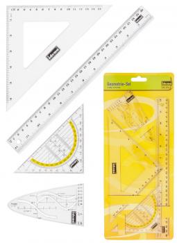 3x Zeichengarnitur 4tlg. Geo Dreieck 16cm + Lineal 15cm & 30cm + Parabel