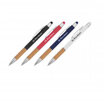 4 Touchpen Kugelschreiber mit Namensgravur - mit Bambusgriffzone - 4 Farben
