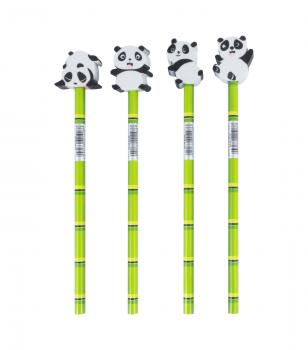 4 verschiedene Bleistifte mit Motiv Radierer "Panda" / Härtegrad HB