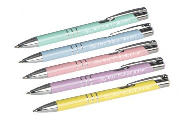 5 Kugelschreiber mit Gravur "Hochzeit" / aus Metall / 5 Pastell-Farben
