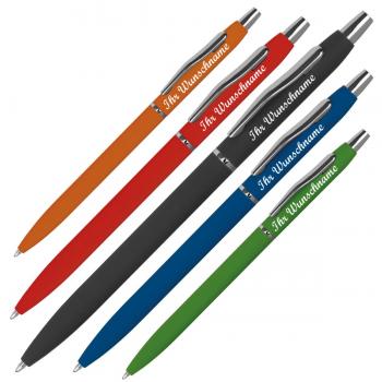 5 Schlanke Metall-Kugelschreiber mit Namensgravur - gummiert - 5 Farben