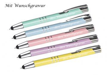 5 Touchpen Kugelschreiber "Pastell" aus Metall mit Gravur  / 5 Pastell-Farben