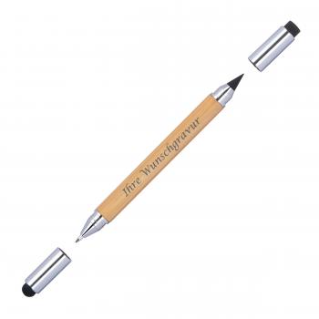 5x 2in1 Touchpen Kugelschreiber und endlos Mine aus Bambus mit Gravur