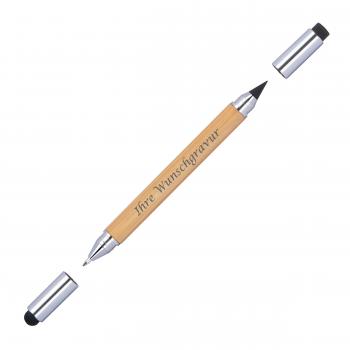 5x 2in1 Touchpen Kugelschreiber und endlos Mine aus Bambus mit Gravur