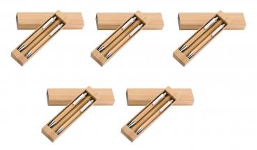 5x Bambus-Schreibset / bestehend aus Kugelschreiber und Druckbleistift