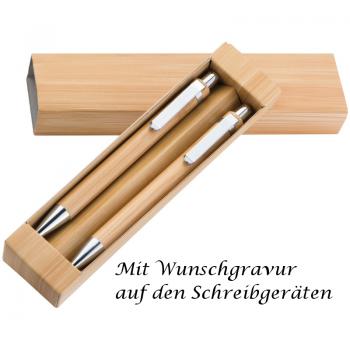 5x Bambus-Schreibset mit Gravur / bestehend aus Kugelschreiber + Druckbleistift