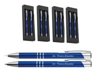 5x Metall Schreibset mit Gravur / Kugelschreiber + Druckbleistift / Farbe: blau