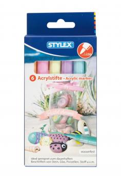 6 Acrylstifte "Pastell" / Farbe: hellgelb,hellorange,Mint,Hellblau,Rosé,Flieder