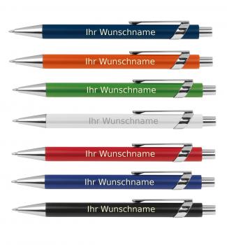 7 Kugelschreiber aus Metall mit Gravur und Applikationen / 7 verschiedene Farben