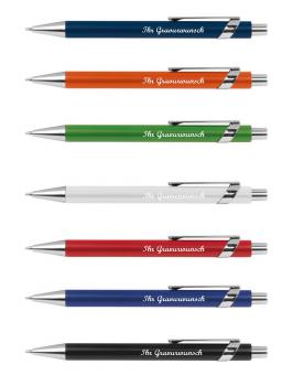 7 Metall-Kugelschreiber mit Namensgravur - mit Applikationen - 7 versch. Farben
