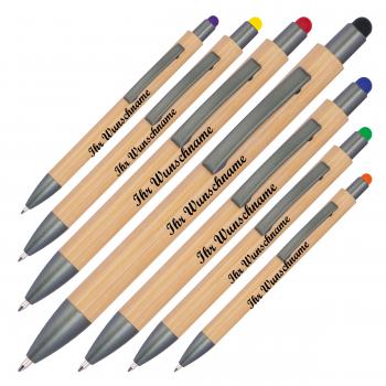 7 Touchpen Holzkugelschreiber aus Bambus mit Namensgravur - 7 Stylusfarben