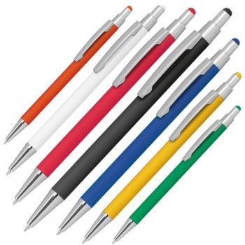 7 Touchpen Kugelschreiber aus Metall / gummiert / 7 verschiedene Farben