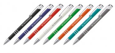 8 schlanke Kugelschreiber mit Gravur / aus Metall / 8 verschiedene Farben
