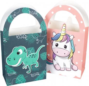 8 Tragetaschen aus Papier / 22 x 12 cm / Geschenkbeutel / je 4x Dino und Einhorn