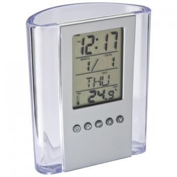 Acrylschreibtischköcher mit Uhr, Alarmfunktion,Datum,Wochentag,Temperaturanzeige