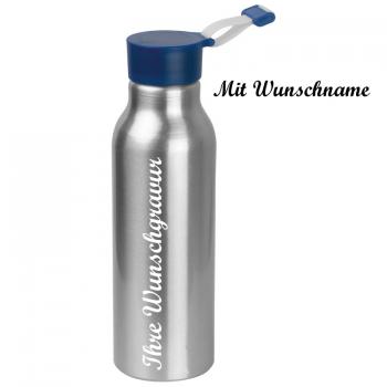Alu Trinkflasche mit Namensgravur - 600 ml - mit blauen Silikondeckel