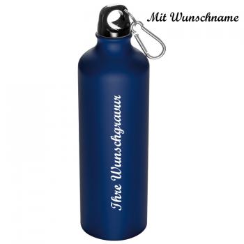 Alu Trinkflasche mit Namensgravur - mit Karabinerhaken - 800ml - Farbe: blau