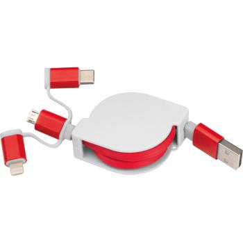 Ausziehbares Ladekabel mit iOS, C-Type und Micro USB Anschluss / Farbe: rot