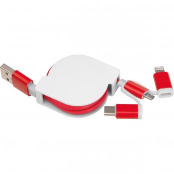 Ausziehbares Ladekabel mit iOS, C-Type und Micro USB Anschluss / Farbe: rot