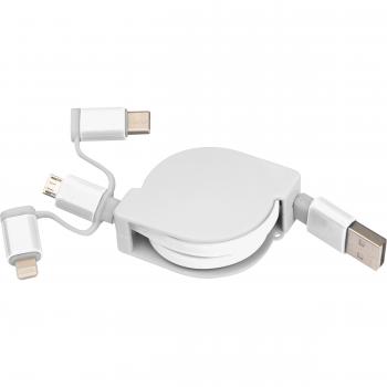 Ausziehbares Ladekabel mit iOS, C-Type und Micro USB Anschluss / Farbe: weiß