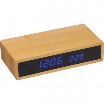 Bambus Schreibtischuhr / mit Wireless Charging, Wecker, Temperaturanzeige