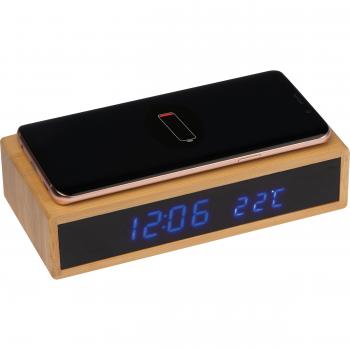Bambus Schreibtischuhr mit Namensgravur - Wireless Charging, Wecker, Thermometer