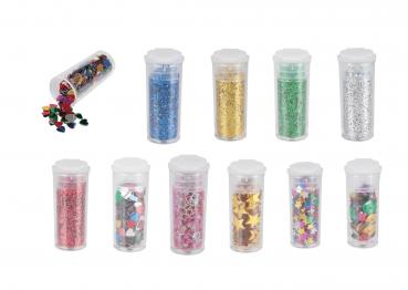 Bastel Glitter Set / 5 Döschen Glitterpulver, 5 Döschen Streudeko, Bastelkleber