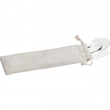 Besteckset in einem Baumwolltäschchen / Löffel, Gabel und Messer