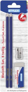 Bleistiftset / 2 Bleistifte HB, 1 Metall-Anspitzer + Radierer / Farbe: blau