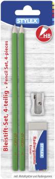 Bleistiftset / 2 Bleistifte HB, 1 Metall-Anspitzer + Radierer / Farbe: grün