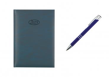 Buchkalender 2025 / Chefkalender / Farbe: blau + Metallkugelschreiber