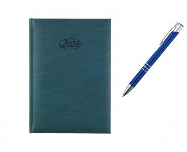 Buchkalender 2026 / Chefkalender / Farbe: blau + Metallkugelschreiber