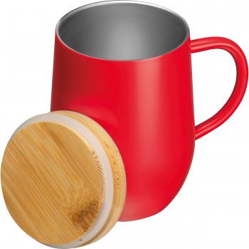 Doppelwandige Edelstahl-Tasse mit Bambusdeckel mit Gravur / 350ml / Farbe: rot