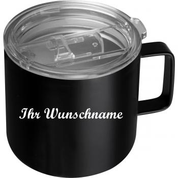 Doppelwandige Edelstahltasse mit Namensgravur - transparentem Deckel - schwarz